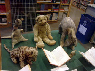 Original Winnie the Pooh stuffed toys. Clockwise from bottom left: Tigger, Kanga, Edward Bear (aka Winnie-the-Pooh), Eeyore, and Piglet.